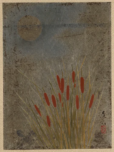 Cat Tails and Moon by Shibata Zeshin (柴田是真), painting, 1807-1868
