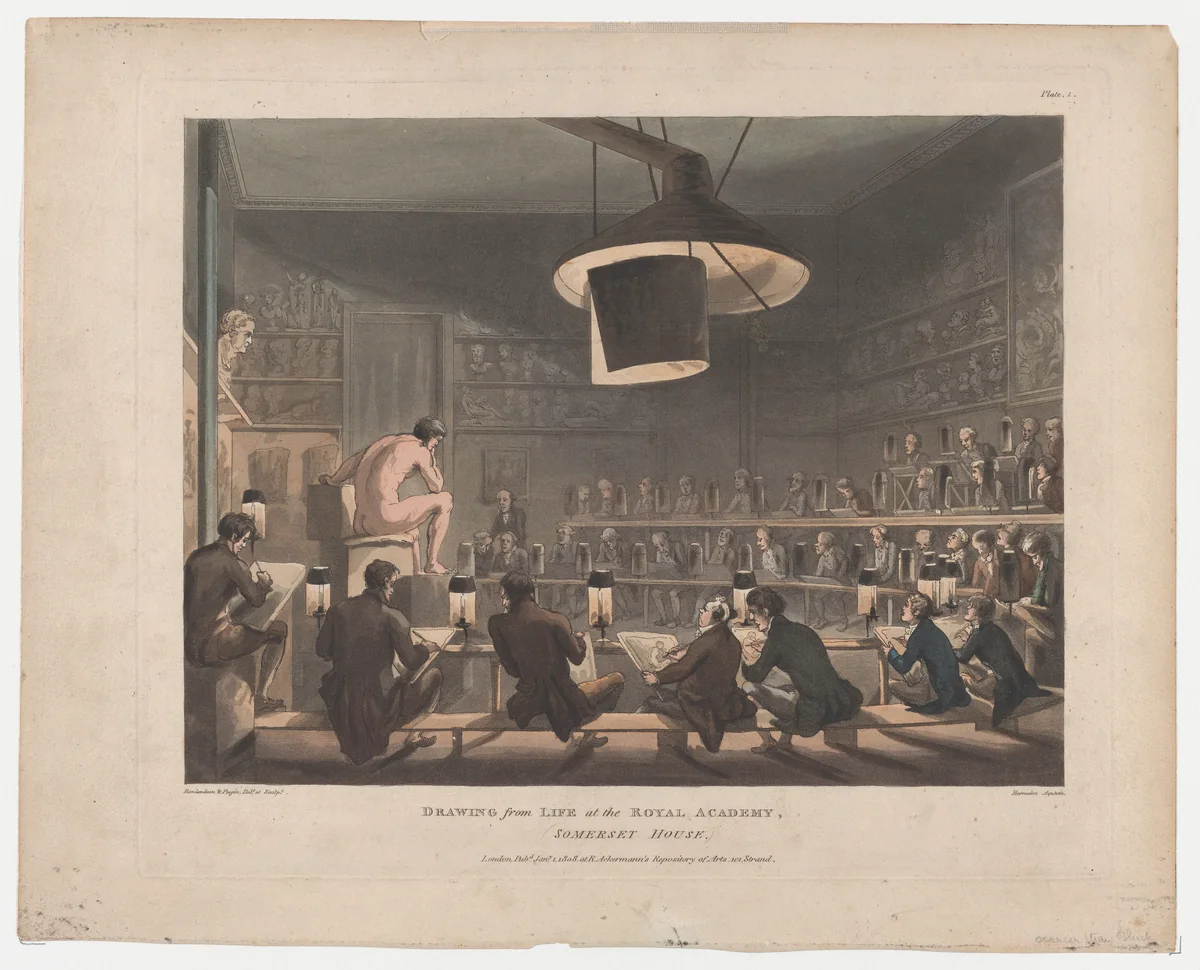 Drawing from Life at the Royal Academy, Somerset House by Thomas Rowlandson, print, 1808