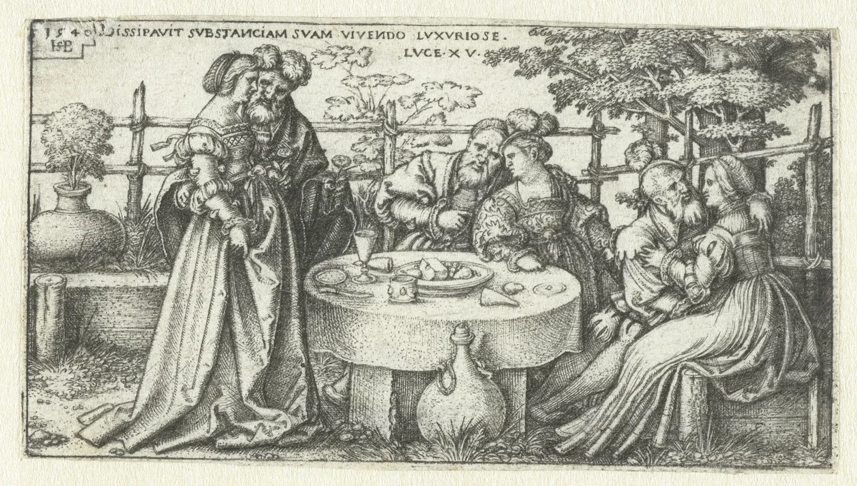 Verloren zoon verspilt zijn erfenis by Hans Sebald Beham, print, 1540