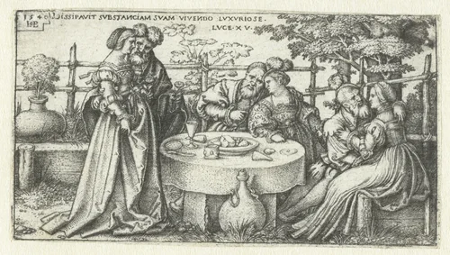 Verloren zoon verspilt zijn erfenis by Hans Sebald Beham, print, 1540