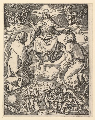 The Last Judgment; Christ with lily and sword at top, flanked by Virgin and St John the Baptist interceeding on behalf of the humans below, from "The Passion of Christ", after Dürer by Marcantonio Raimondi, print, 1495-1539