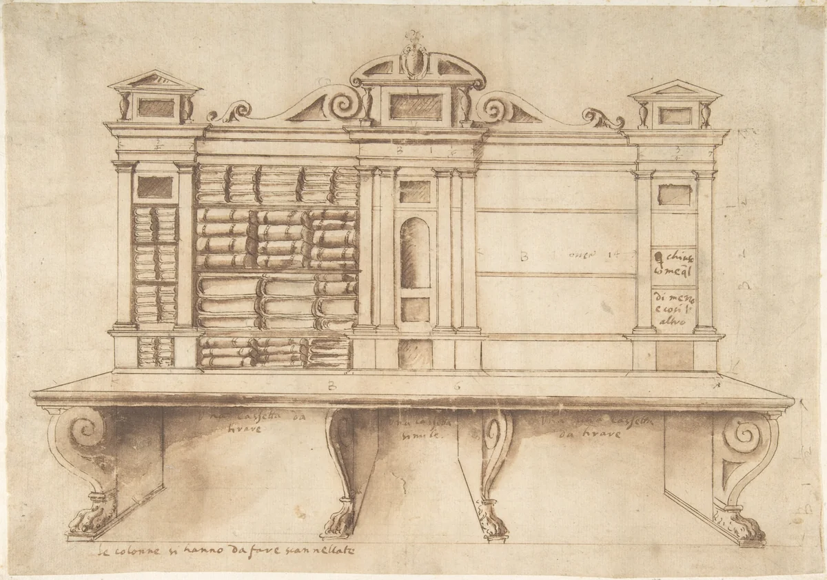 Design for a Bookcase with Writing Desk by anonymous, drawing, 1550-1570