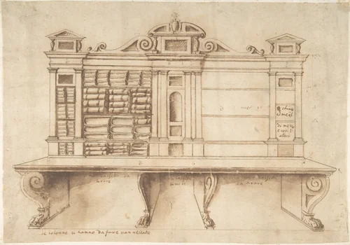 Design for a Bookcase with Writing Desk by anonymous, drawing, 1550-1570