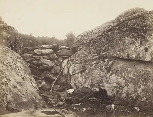 Home of a Rebel Sharpshooter, Gettysburg from Gardner's Photographic Sketchbook of the War, (1865) by Alexander Gardner, photograph, 1863