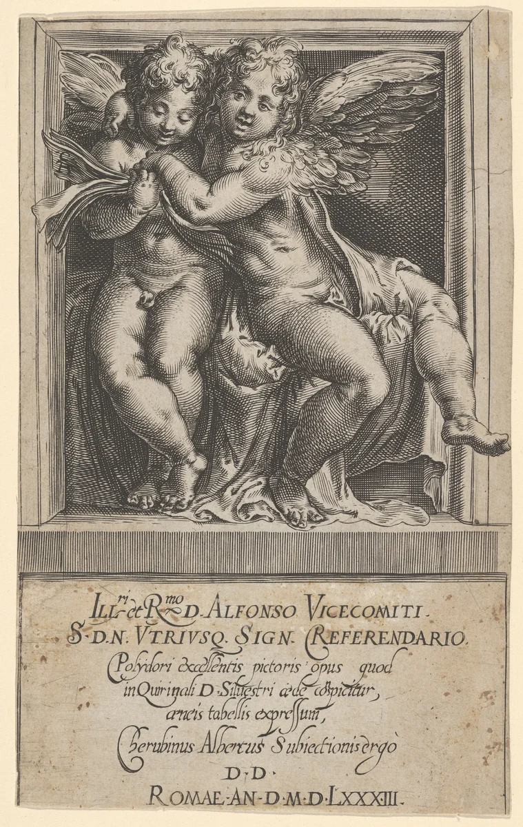 Two seated angels, arms around one another, the one on the left looking down at a song book, from The Angels' Concert by Cherubino Alberti, print, 1583