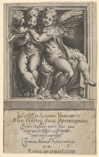 Two seated angels, arms around one another, the one on the left looking down at a song book, from The Angels' Concert by Cherubino Alberti, print, 1583