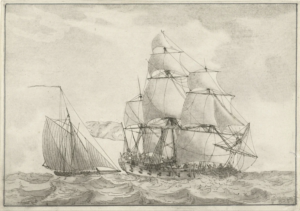 Kotter en een oorlogsfregat by Gerrit Groenewegen, print, 1764-1826