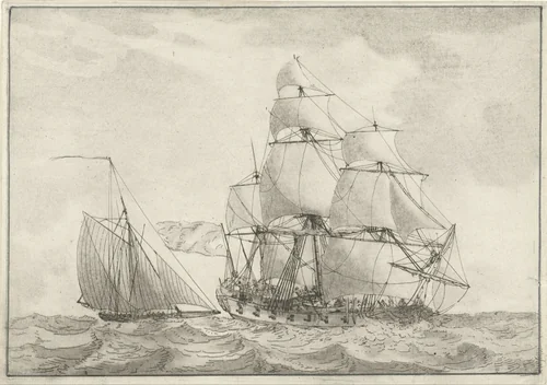 Kotter en een oorlogsfregat by Gerrit Groenewegen, print, 1764-1826