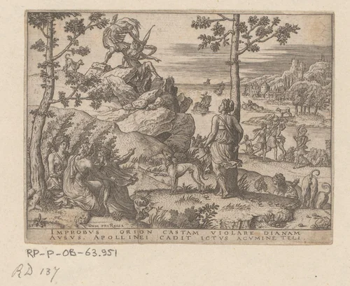 Orion gedood door Apollo by Unknown, print, 1547-1548