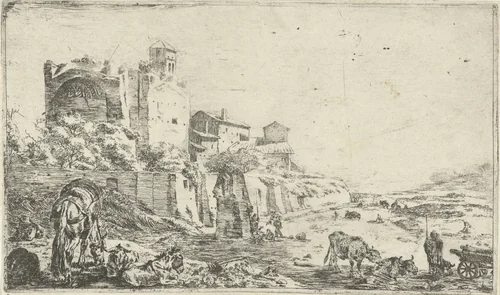 Ruïnes van de tempel van Venus en Roma by Pieter Bodding van Laer, print, 1609-1642