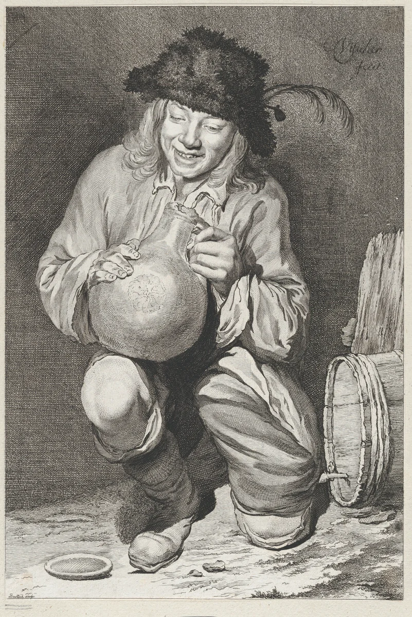 The Joy of the Cellar: kneeling farmer boy holding a jug next to wine barrel by Adam von Bartsch, print, 1786