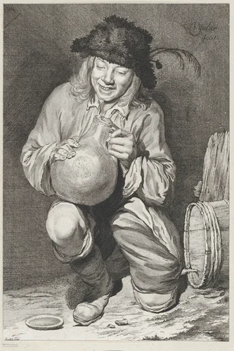 The Joy of the Cellar: kneeling farmer boy holding a jug next to wine barrel by Adam von Bartsch, print, 1786