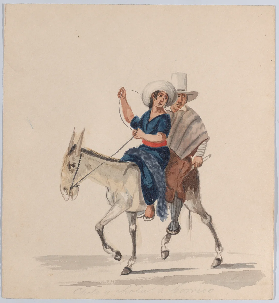 An indigenous man and woman together riding a donkey; from a group of drawings depicting Peruvian dress by Francisco Fierro, drawing, 1843-1853