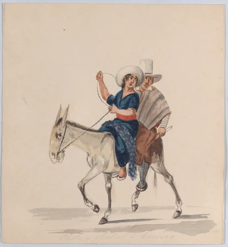 An indigenous man and woman together riding a donkey; from a group of drawings depicting Peruvian dress by Francisco Fierro, drawing, 1843-1853