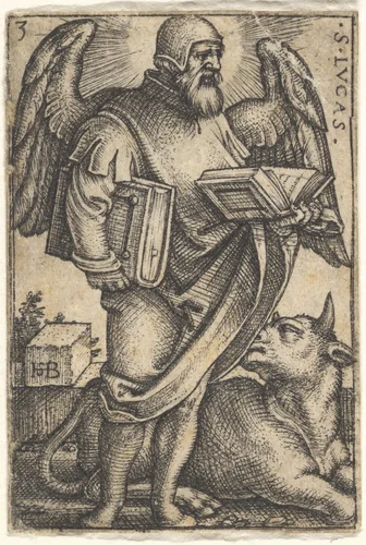 Saint Luke with his head turned in profile to the right, a book in each hand, a bull at his feet, plate 3 from "The Four Evangelists" by Sebald Beham, print, 1541