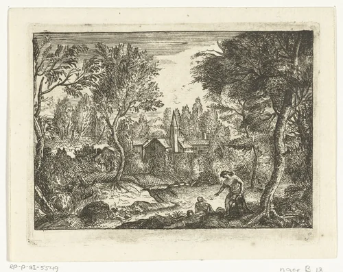 Landschap met man zittend op boomstronk by anonymous, print, 1648-1755