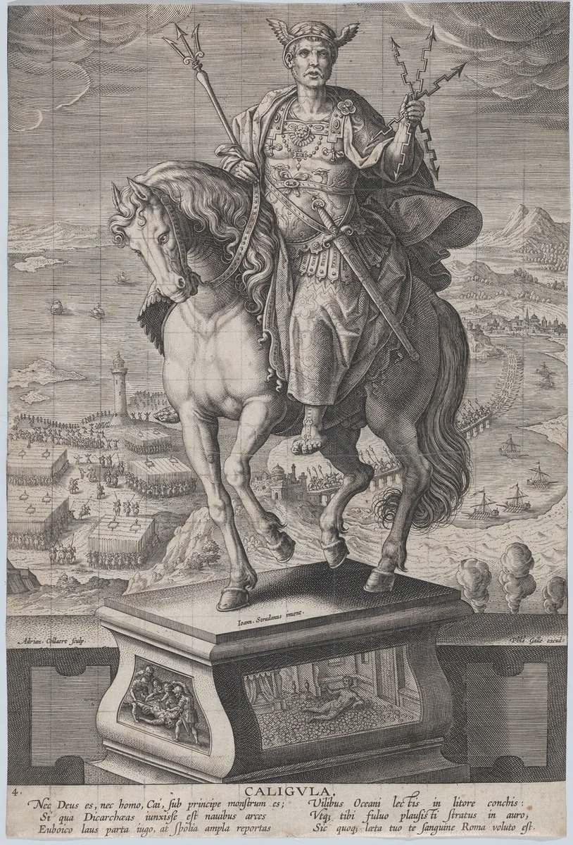 Plate 4: equestrian statue of Caligula, seen three-quarters to the left, wearing a winged helmet and holding double-headed arrows, a military scene in the background, from 'Roman Emperors on Horseback' by Adriaen Collaert, print, 1582-1594