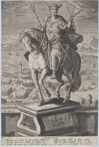 Plate 4: equestrian statue of Caligula, seen three-quarters to the left, wearing a winged helmet and holding double-headed arrows, a military scene in the background, from 'Roman Emperors on Horseback' by Adriaen Collaert, print, 1582-1594