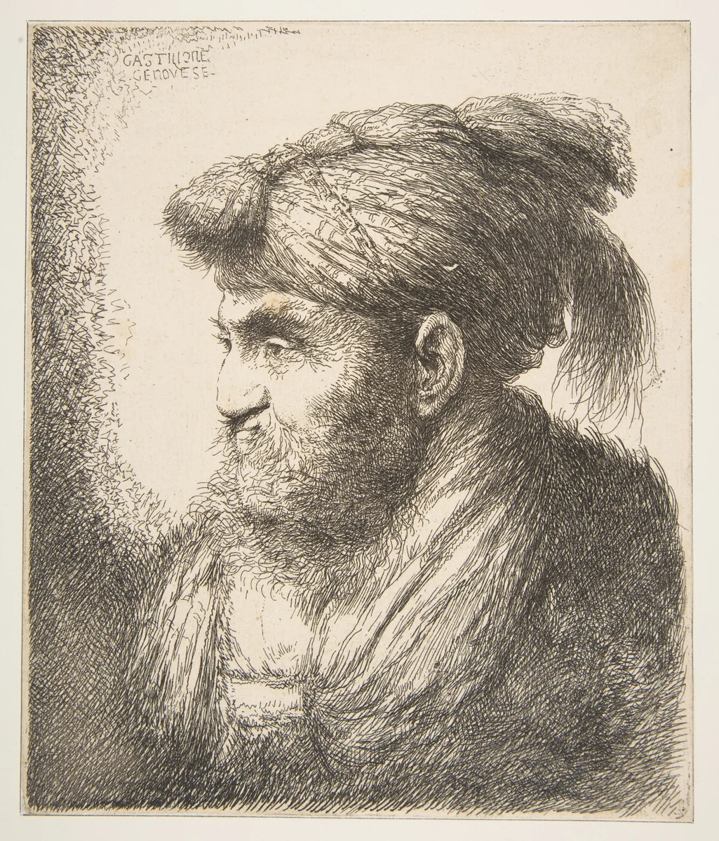 Man wearing a turban facing left, from "Large Oriental Heads" by Giovanni Benedetto Castiglione, print, 1640-1655