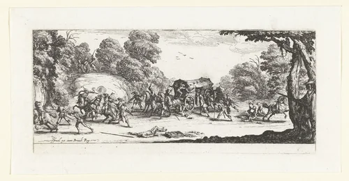 Soldaten overvallen reizigers by Jacques Callot, print, 1633