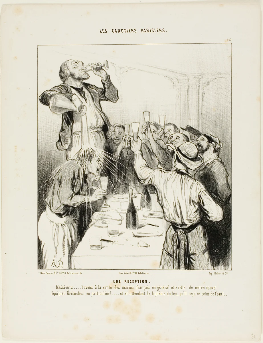 A Reception. “Gentlemen..... let's drink to the health of the French sailors in general and to the new teammate Greluchon in particular!.... and while waiting for his baptism by fire, we'll give him in the meantime one with water,” plate 10 from Les Canotiers Parisiens by Honoré-Victorin Daumier, print, 1843