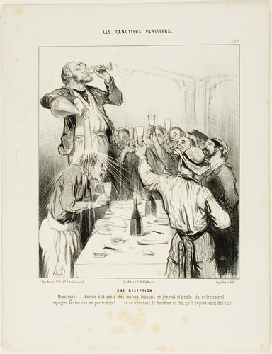 A Reception. “Gentlemen..... let's drink to the health of the French sailors in general and to the new teammate Greluchon in particular!.... and while waiting for his baptism by fire, we'll give him in the meantime one with water,” plate 10 from Les Canotiers Parisiens by Honoré-Victorin Daumier, print, 1843