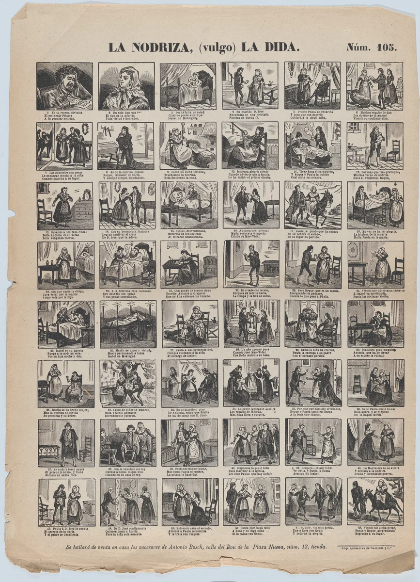 Broadside with 48 scenes relating to the nurse by Antonio Bosch, print, 1855-1865