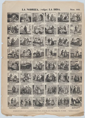 Broadside with 48 scenes relating to the nurse by Antonio Bosch, print, 1855-1865