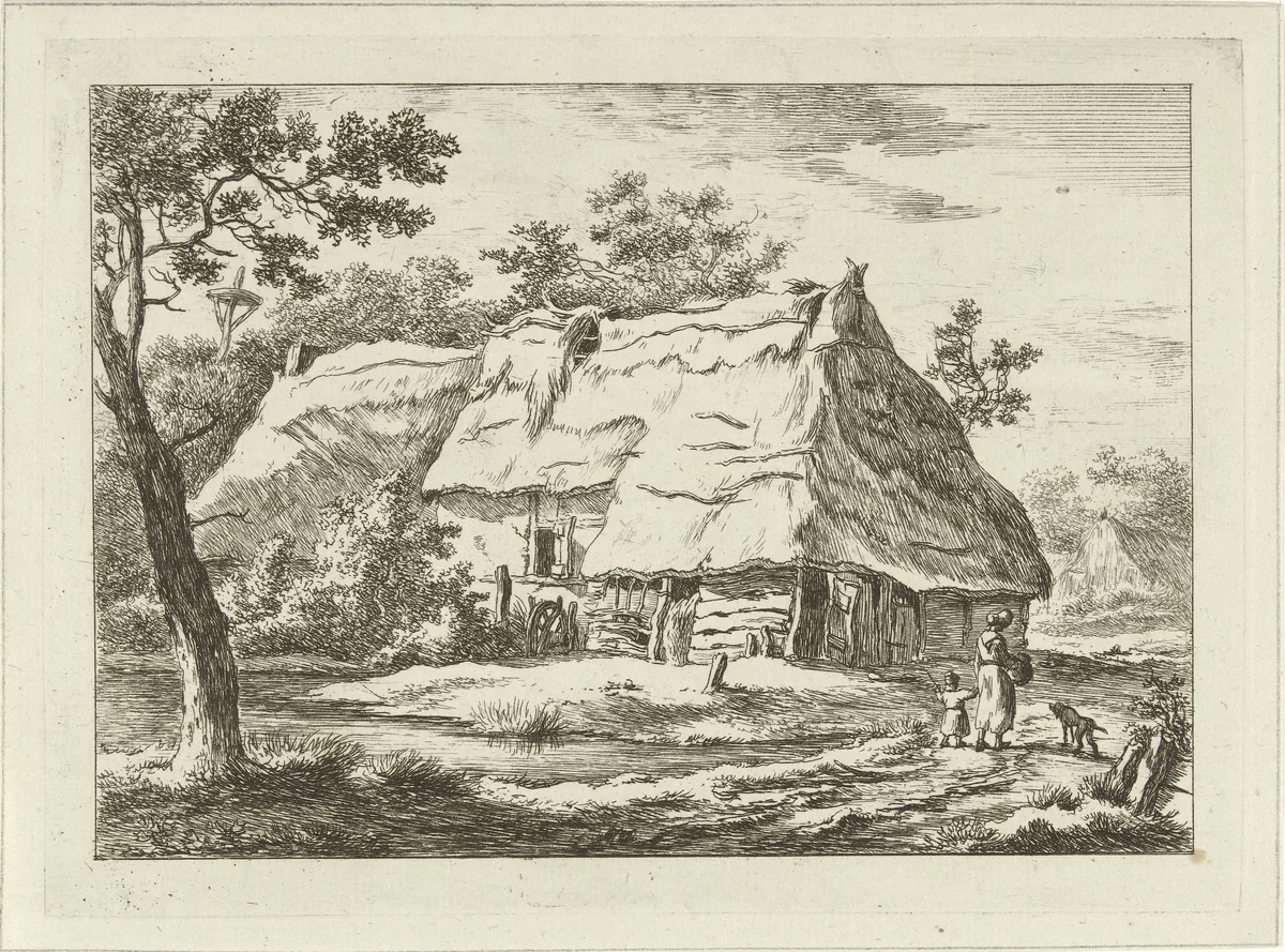 Vrouw met kind bij een boerderij by Carel Lodewijk Hansen, print, 1780-1840