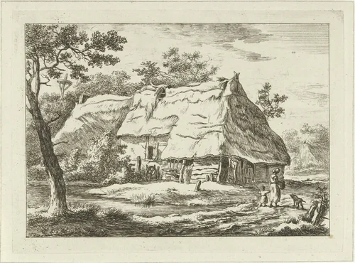 Vrouw met kind bij een boerderij by Carel Lodewijk Hansen, print, 1780-1840