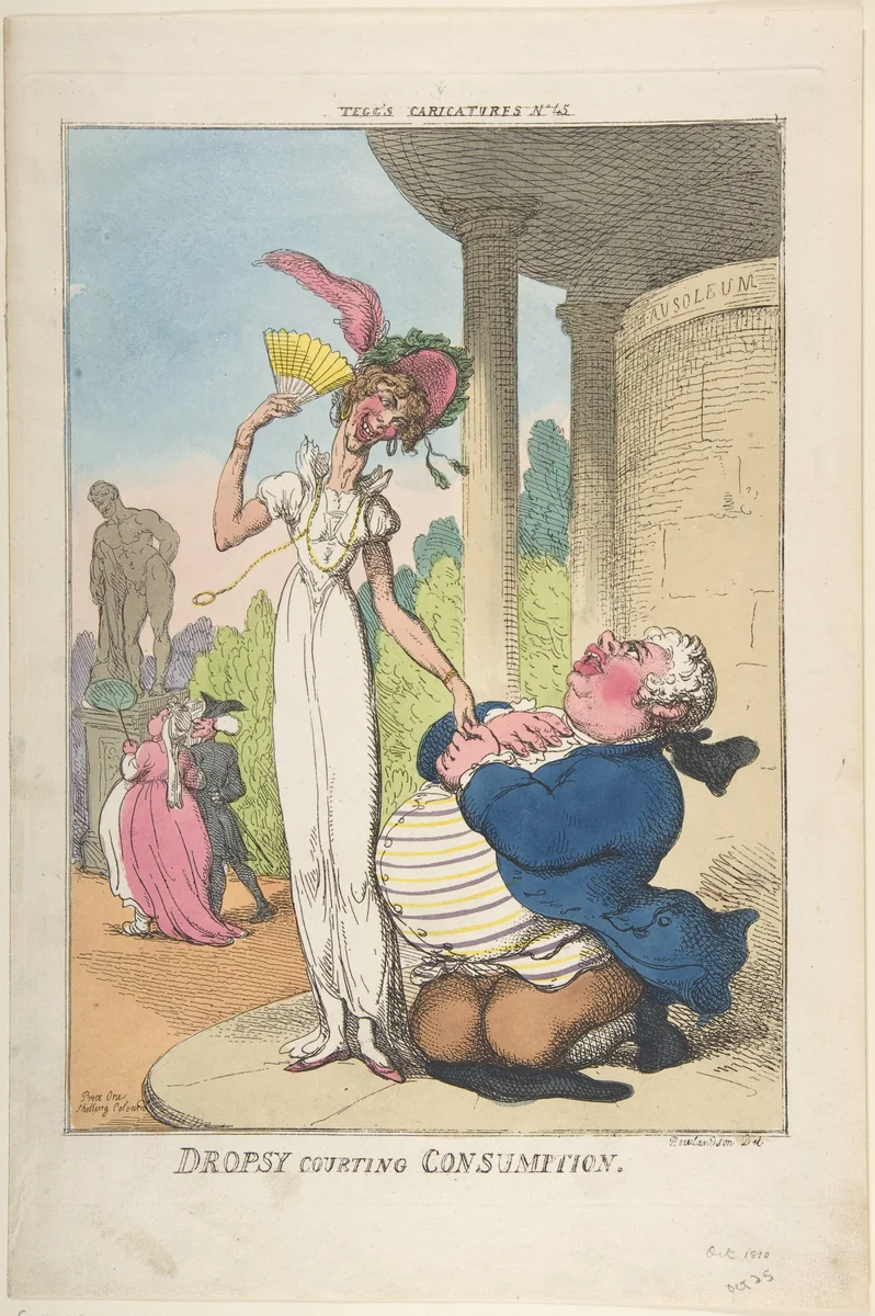 Dropsy Courting Consumption by Thomas Rowlandson, print, 1810