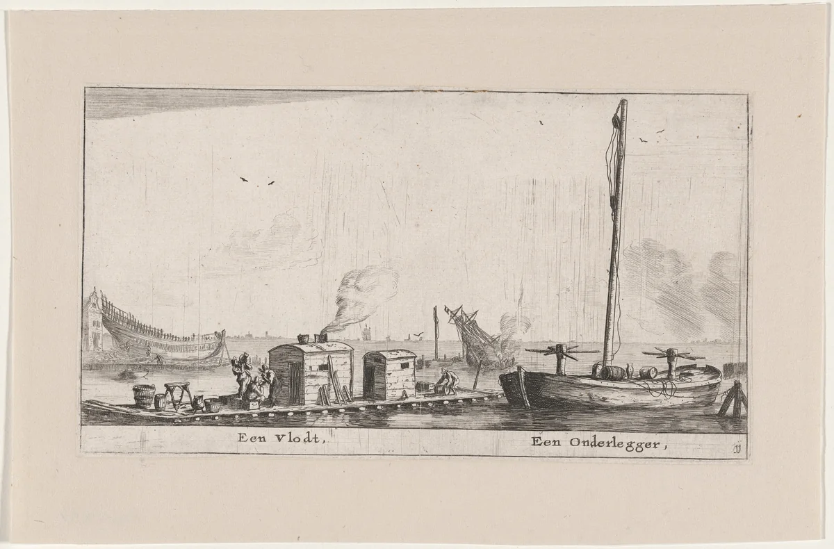A Raft and a "Onderlegger" by Reinier Nooms, print, 1647-1657