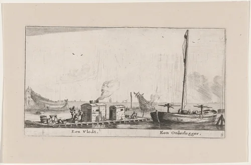 A Raft and a "Onderlegger" by Reinier Nooms, print, 1647-1657