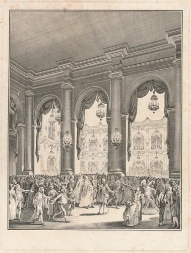 Le bal masqué - Fête donnée à l'occasion de la naissance de Monseigneur le Dauphin, 23 janvier 1782 by Jean Michel Moreau, print, 1741-1814