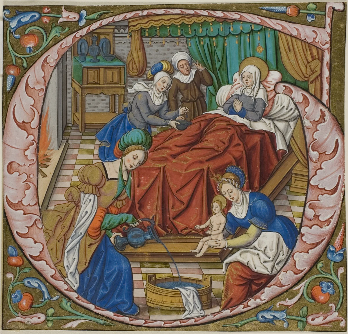 The Birth of the Virgin in a Historiated Initial "G" from an Antiphonal by Master of Jacques de Besançon, painting, 1485-1515