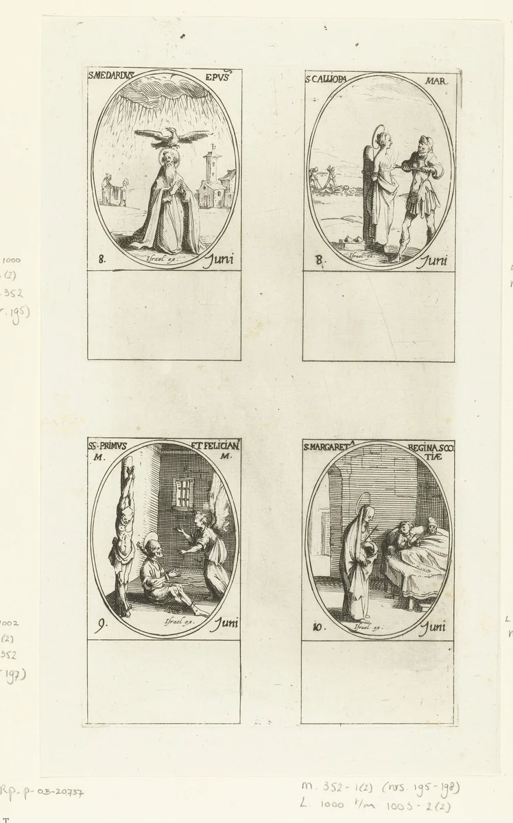 Heilige Medardus van Noyon, Heilige Calliope, Heilige Primus en Heilige Felicianus van Rome, Heilige Margaretha van Schotland (8-10 juni) by Jacques Callot, print, 1632-1636