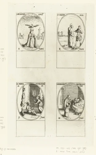 Heilige Medardus van Noyon, Heilige Calliope, Heilige Primus en Heilige Felicianus van Rome, Heilige Margaretha van Schotland (8-10 juni) by Jacques Callot, print, 1632-1636
