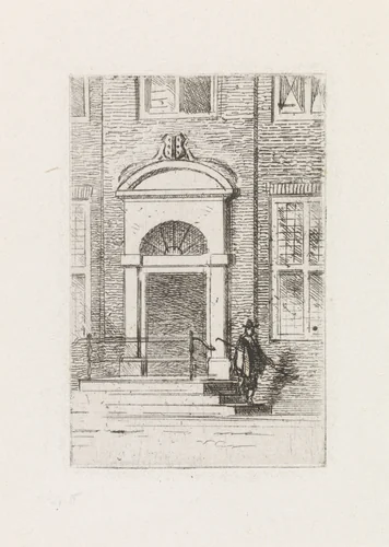 Man op een trap bij de deur van een huis by Gijsbertus Johannes Verspuy, print, 1833-1862