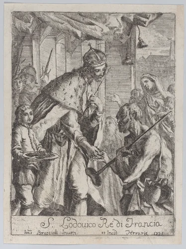 Saint Louis giving alms to the poor by Giovanni Francesco Braccioli, print, 1735