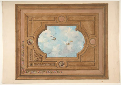 Design for a ceiling with a trompe l'oeil sky filled with birds by Jules-Edmond-Charles Lachaise, drawing, 1820-1897