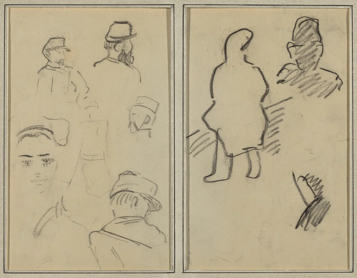 Five Studies of Soldiers and a Woman's Face; Two Figures [recto] by Paul Gauguin, drawing, 1884-1888