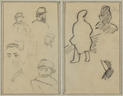 Five Studies of Soldiers and a Woman's Face; Two Figures [recto] by Paul Gauguin, drawing, 1884-1888