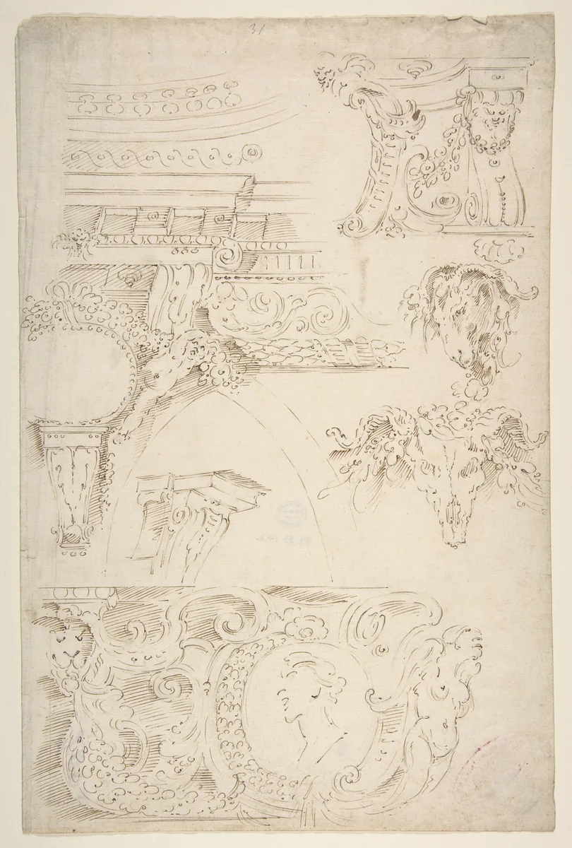 Sketches of Sculptured Decoration. Entablatures and a Frieze with Human, Animal and Floral Ornaments by Agostino Mitelli, drawing, 1620-1660