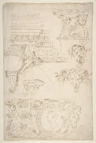 Sketches of Sculptured Decoration. Entablatures and a Frieze with Human, Animal and Floral Ornaments by Agostino Mitelli, drawing, 1620-1660