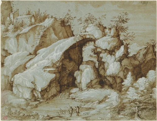 Rocky Landscape with a Natural Arch by Gherardo Cibo, drawing, 1570-1580