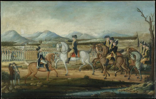 Washington Reviewing the Western Army at Fort Cumberland, Maryland by Frederick Kemmelmeyer, artwork, 1796-1805