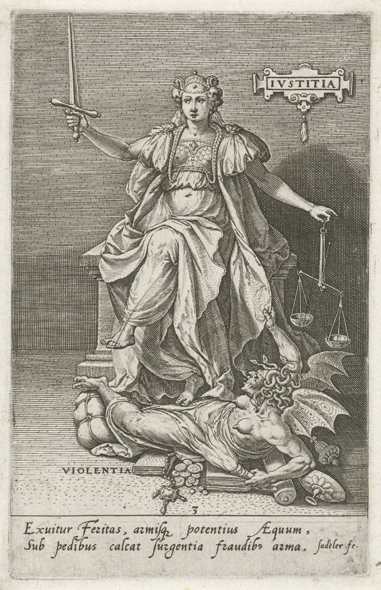 Gerechtigheid (Justitia ) overwint Geweld (Violentia) by Unknown, print, 1579