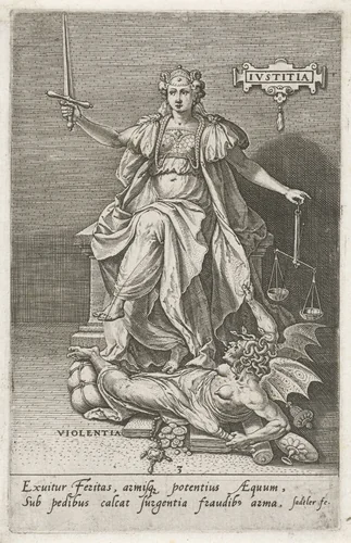 Gerechtigheid (Justitia ) overwint Geweld (Violentia) by Unknown, print, 1579