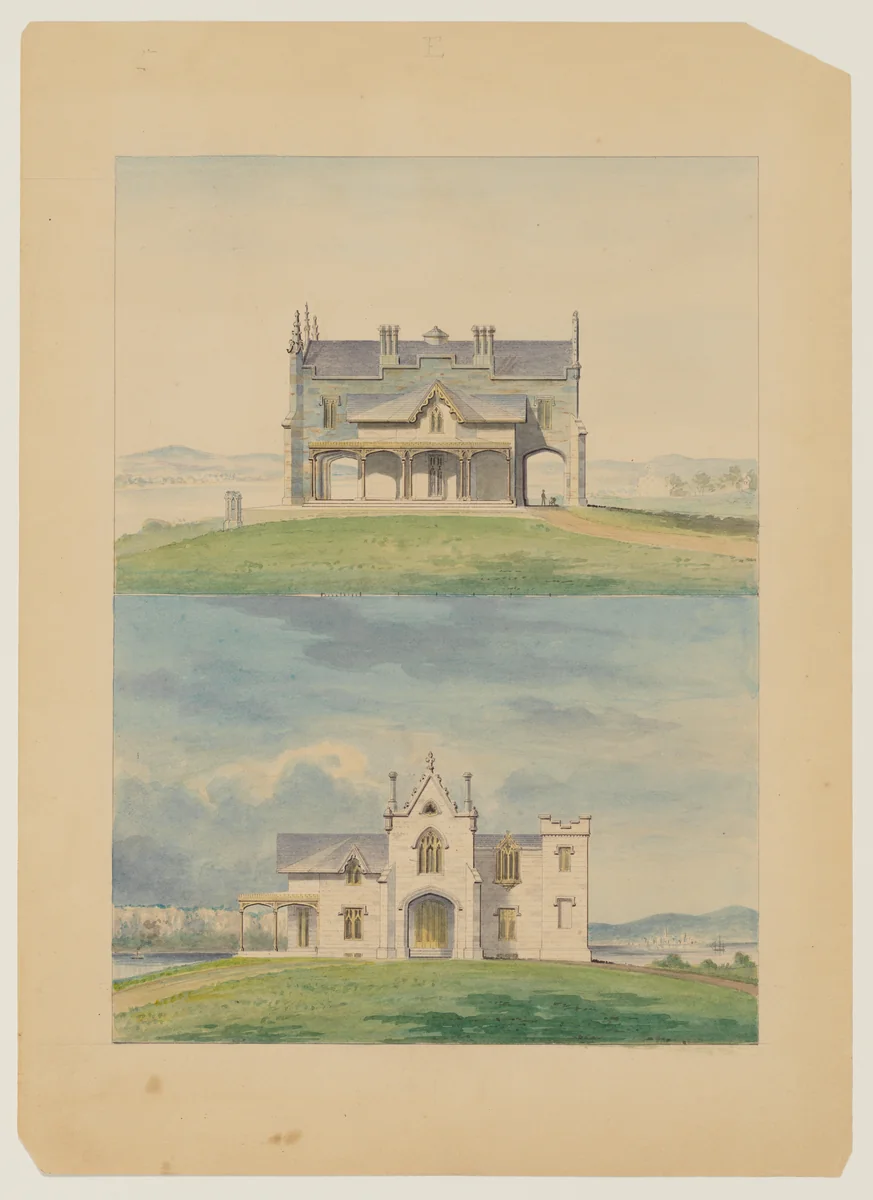 Knoll for William and Philip R. Paulding, Tarrytown (south and east [front] elevations) by Alexander Jackson Davis, drawing, 1838