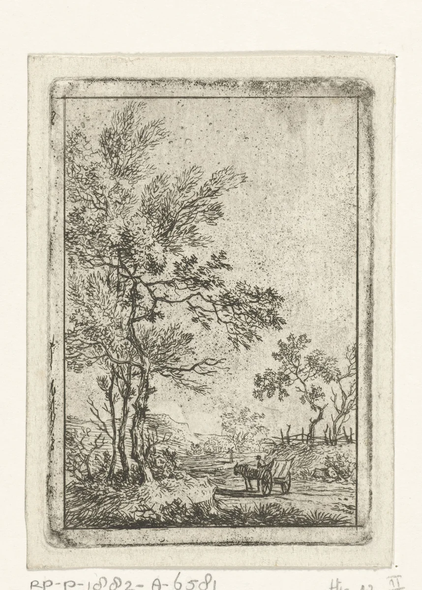 Landschap met hoge boompartij en paard en wagen by Hermanus Fock, print, 1781-1822